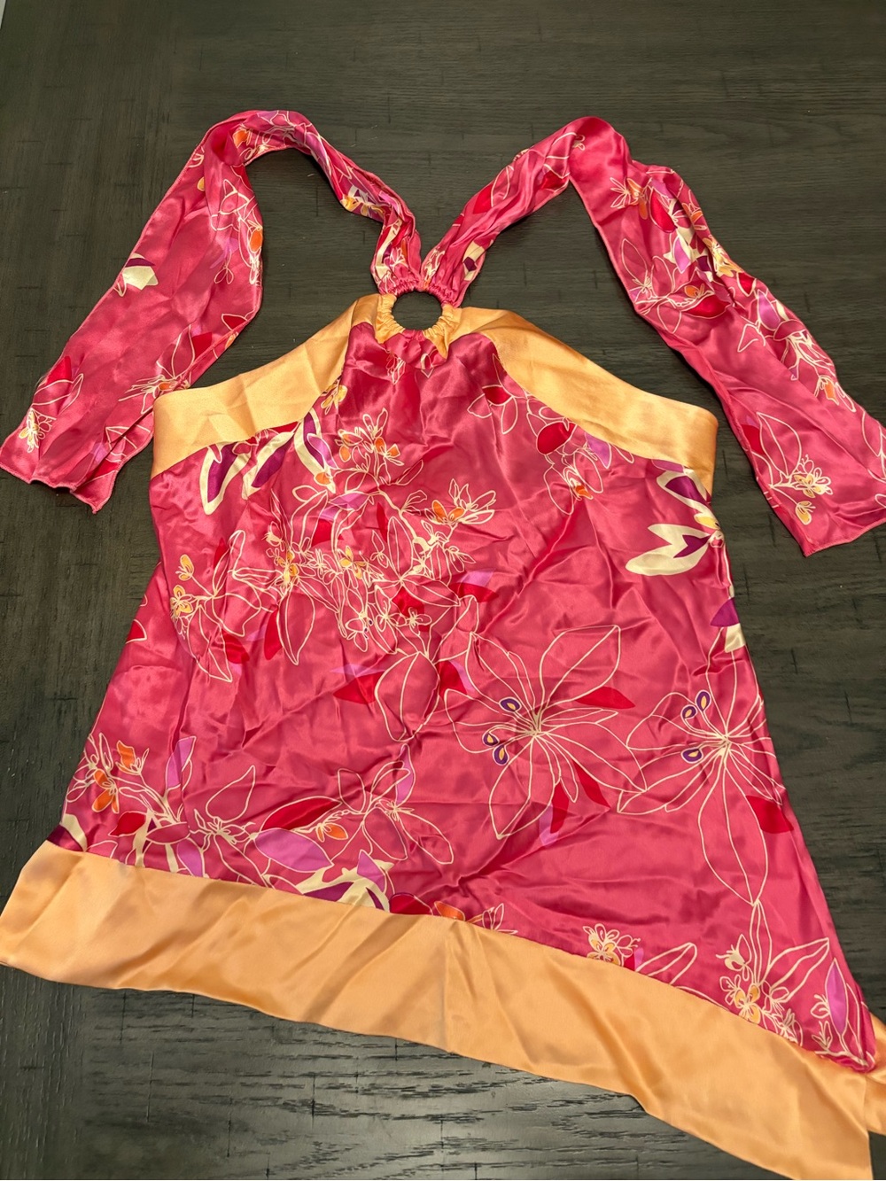 Silk Pink Floral Anna Paul Halter with Peach Trim. Vintage. Y2K